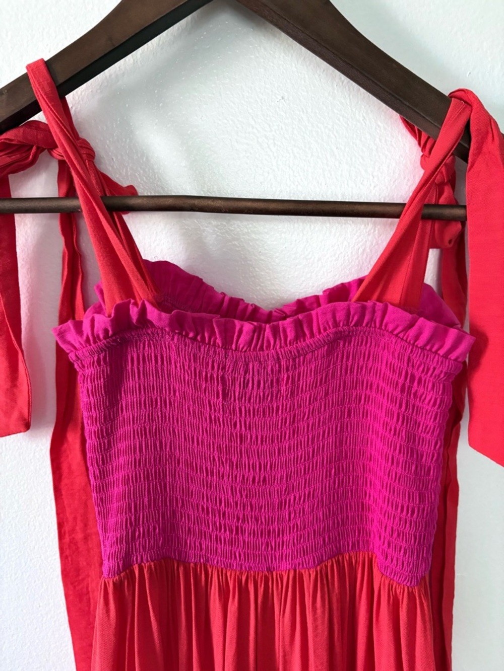 Smocked Tie-Shoulder Maxi Dress in Fuchsia and Coral - Picture 3 of 7